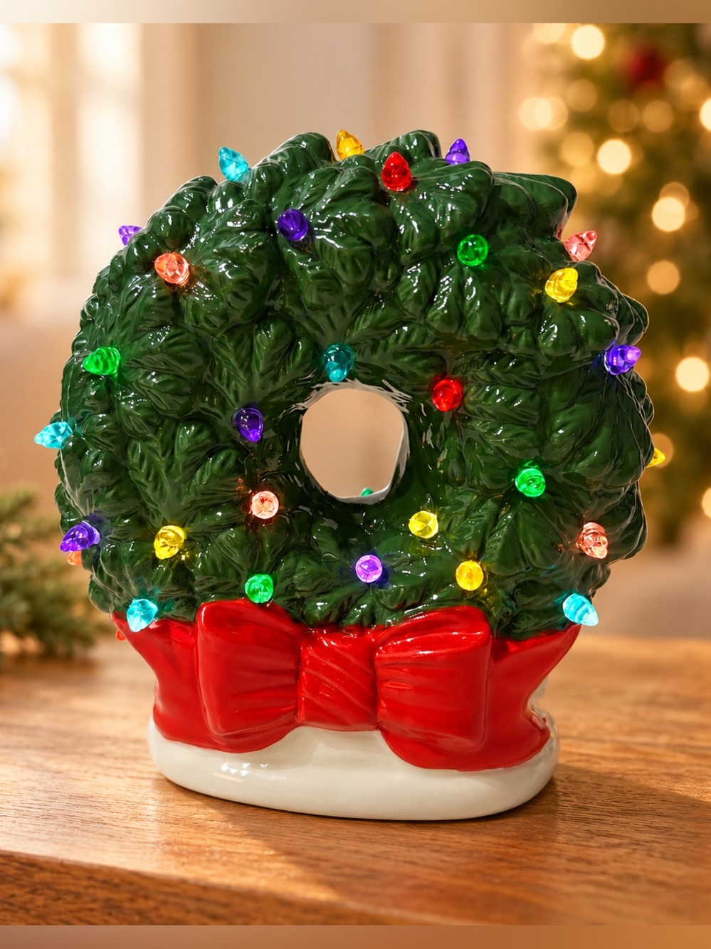 Ceramic Christmas Wreath Lighted Battery Operated Tabletop Decor Red Bow Holiday